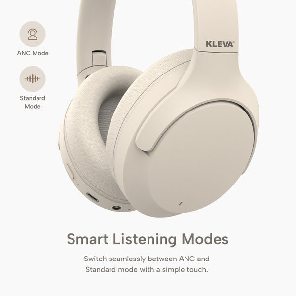 Close-up of beige Kleva® AudioUltra headphones from the Kleva Range shows ear cup and controls. Easily switch between ANC and Standard listening modes with a simple touch for premium wireless audio.