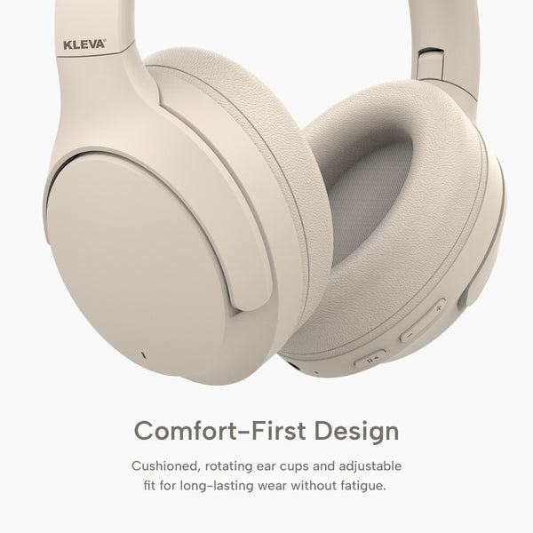 Close-up of Kleva® AudioUltra Noise Cancelling Wireless Bluetooth Headphones by Kleva Range, showcasing cushioned, rotating ear cups and side control buttons above text highlighting their comfort-focused design.