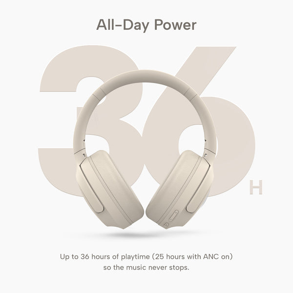 A pair of beige Kleva® AudioUltra Noise Cancelling Wireless Bluetooth Headphones by Kleva Range is shown with a bold “36 H” and the phrases “All-Day Power” and “Up to 36 hours of playtime—premium audio that lasts.”.