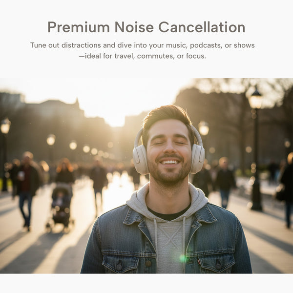 A man in Kleva® AudioUltra Noise Cancelling Wireless Bluetooth Headphones by Kleva Range smiles with eyes closed on a busy walkway at sunset. People stroll in the background. Text above highlights premium noise cancellation.