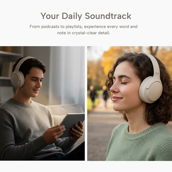 Side-by-side images: Indoors, a person enjoys a tablet with Kleva® AudioUltra headphones; outdoors, another relaxes with noise cancelling clarity. Both showcase Kleva Range’s premium wireless Bluetooth audio experience.