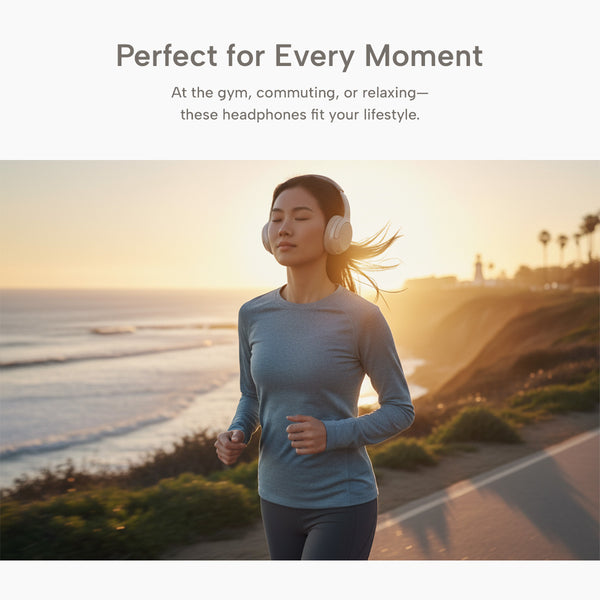 A woman wearing Kleva® AudioUltra Noise Cancelling Wireless Bluetooth Headphones by Kleva Range and a long-sleeve athletic top jogs on a coastal path at sunset, with palm trees and the ocean in the background. Text highlights their versatile premium sound.
