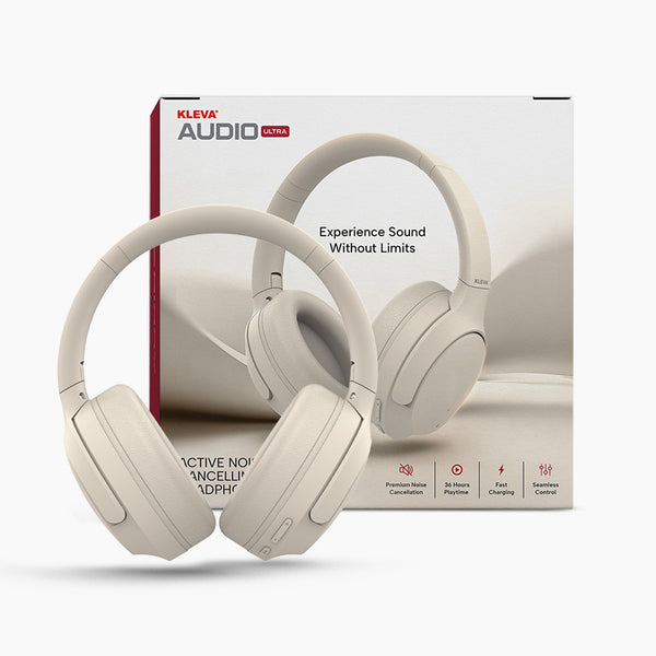 The Kleva® AudioUltra Noise Cancelling Wireless Bluetooth Headphones by Kleva Range are shown in beige with their packaging, highlighting premium audio, long battery life, fast charging, and touch controls.
