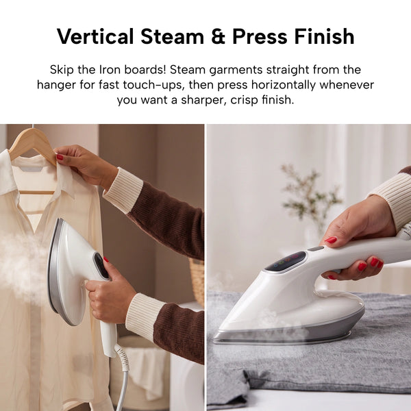 A person uses the KLEVA® Crease Boss Steam Iron by Kleva Range vertically on a hanging shirt and horizontally on a flat garment, demonstrating its dual functionality as both a wrinkle remover and clothes steamer for achieving a crisp finish.