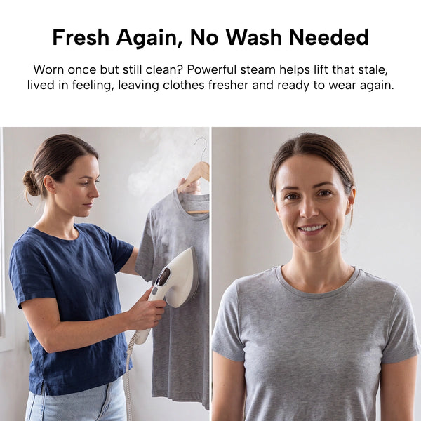 A woman uses the KLEVA® Crease Boss Steam Iron by Kleva Range as a wrinkle remover on a gray t-shirt in one image. In the other image, she smiles while wearing the freshly steamed shirt. Text above promotes refreshing clothes with the KLEVA® Crease Boss Steam Iron instead of washing.