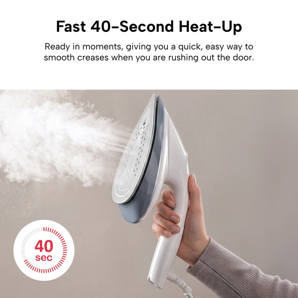 A hand holds the KLEVA® Crease Boss Steam Iron from Kleva Range, with text above stating Fast 40-Second Heat-Up and a circular graphic displaying 40 sec. Visible steam emerges from the iron’s soleplate, showcasing its efficiency as a powerful wrinkle remover.