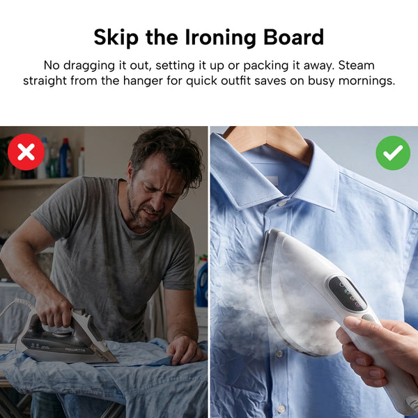Split image: Left shows a person looking frustrated while ironing a shirt on an ironing board. Right shows a hand using the Kleva Range KLEVA® Crease Boss Steam Iron on a blue dress shirt, with visible steam demonstrating how this wrinkle remover offers a quicker, easier alternative.
