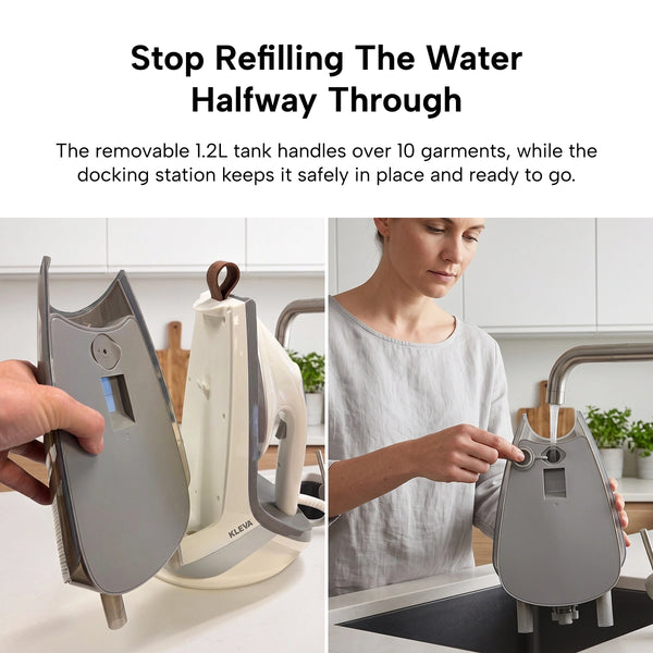 Two images show a person using the KLEVA® Crease Boss Steam Iron from Kleva Range, which features a removable water tank. In the left image, the user detaches the tank; in the right image, they fill it at a kitchen sink, highlighting how easy it is to prepare this wrinkle remover for use.