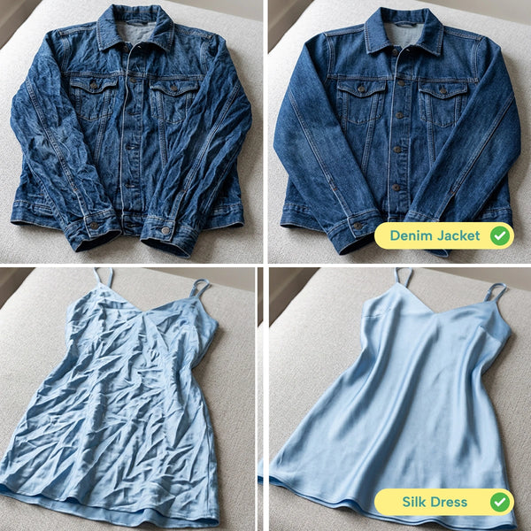 Four images: a wrinkled denim jacket, a smooth denim jacket, a wrinkled light blue silk dress, and a smooth light blue silk dress. The smooth versions of both the Denim Jacket and Silk Dress, clearly achieved with the help of the KLEVA® Crease Boss Steam Iron by Kleva Range, are labeled with green check marks.
