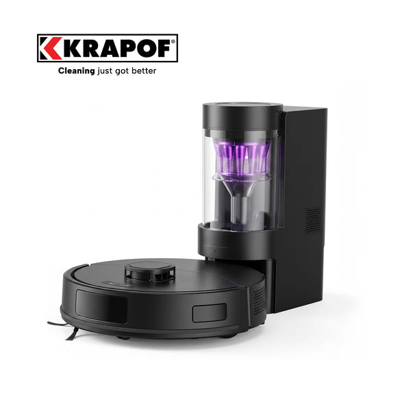 The KRAPOF® Self Empty Robo VacIQ Robot Vacuum and Mop by Kleva Range, in black, is displayed with its docking station featuring a transparent container and purple filter. The KRAPOF logo and "Cleaning just got better" tagline are in the top left corner.