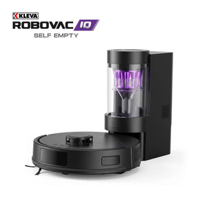 A black KLEVA® Self Empty Robo VacIQ Robot Vacuum and Mop by Kleva Range, featuring a circular design and a docking station with a transparent canister that contains a purple filter. The brand logo and product name are displayed above.