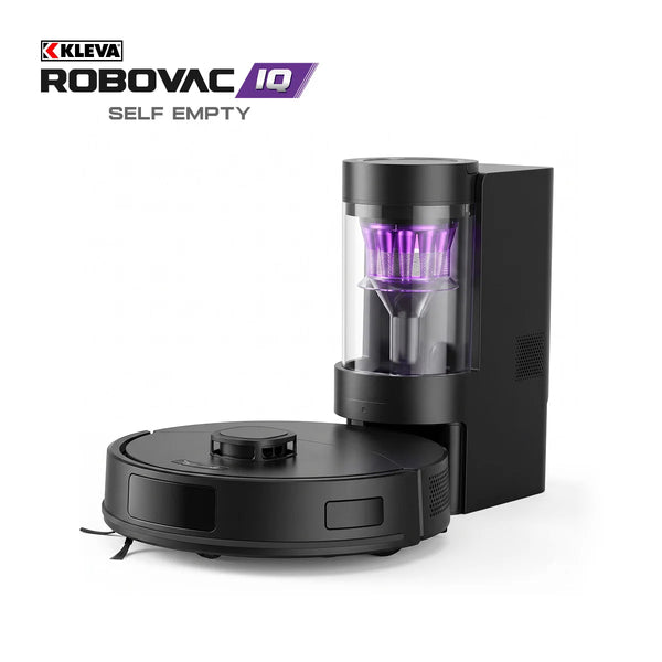 A black KLEVA® Self Empty Robo VacIQ Robot Vacuum and Mop by Kleva Range, featuring a circular design and a docking station with a transparent canister that contains a purple filter. The brand logo and product name are displayed above.