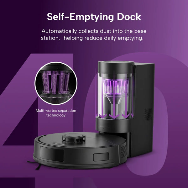 The KRAPOF® Self Empty Robo VacIQ Robot Vacuum and Mop by Kleva Range sits before its dock with visible purple filters and dust flow arrows. Text highlights automatic dust collection and multi-vortex separation technology.