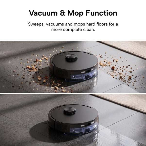 The KRAPOF® Self Empty Robo VacIQ Robot Vacuum and Mop by Kleva Range is shown cleaning debris and liquid on a hard floor in side-by-side images, with text emphasizing its powerful vacuuming and mopping capabilities for total cleaning.