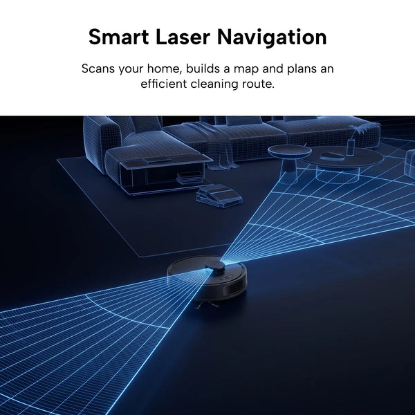 The KRAPOF® Self Empty Robo VacIQ Robot Vacuum and Mop by Kleva Range uses smart navigation and laser mapping, shown scanning a furnished room with blue grid lines, while text highlights its advanced mapping and cleaning features.