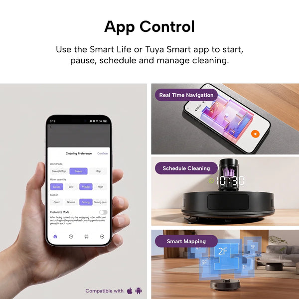 A hand holds a phone showing cleaning preferences as the KRAPOF® Self Empty Robo VacIQ Robot Vacuum and Mop by Kleva Range cleans nearby, with overlays highlighting smart navigation, scheduled cleaning, and advanced mapping features.