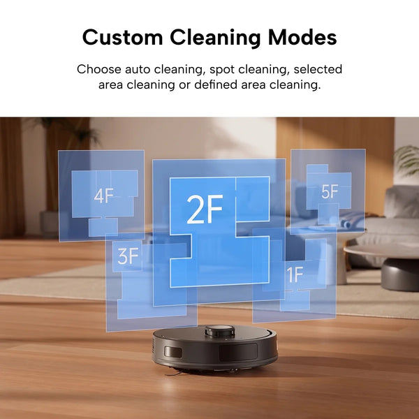 The KRAPOF® Self Empty Robo VacIQ Robot Vacuum and Mop by Kleva Range navigates a wooden living room floor, displaying digital overlays with 1F–5F levels and custom cleaning modes, showcasing advanced mapping and self-emptying features.
