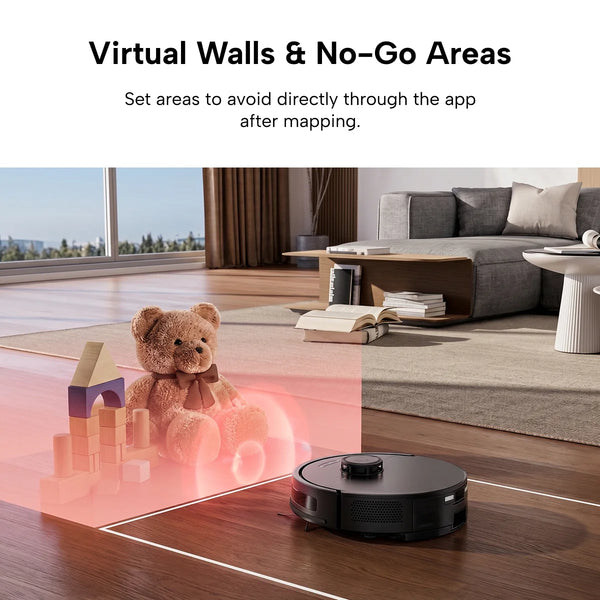The KRAPOF® Self Empty Robo VacIQ Robot Vacuum and Mop by Kleva Range navigates smartly around a teddy bear and wooden blocks on the floor, while a red virtual barrier shows its no-go zone feature.