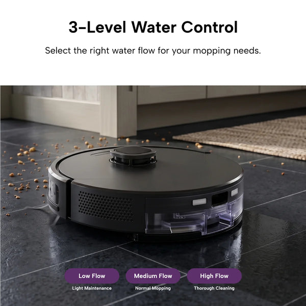 The KRAPOF® Self Empty Robo VacIQ Robot Vacuum and Mop by Kleva Range uses smart navigation to mop floors with scattered debris, featuring 3-level water control—low, medium, or high—for various cleaning needs.