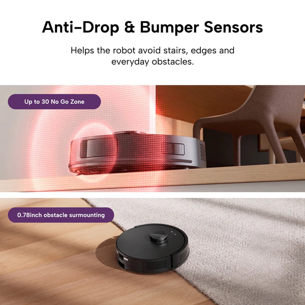 The KRAPOF® Self Empty Robo VacIQ Robot Vacuum and Mop by Kleva Range showcases its anti-drop and bumper sensors, detecting edges and surmounting low barriers to highlight advanced obstacle navigation.