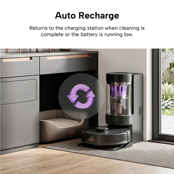 The KRAPOF® Self Empty Robo VacIQ Robot Vacuum and Mop by Kleva Range docks at its charging station when cleaning is done or the battery is low, shown by a purple recharge symbol in a modern home.