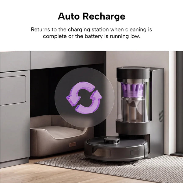 The KLEVA® Self Empty Robo VacIQ Robot Vacuum and Mop from Kleva Range is docked at its charging station beside a pet bed, with a circular purple recharge icon overlayed. Text above describes how the Robo VacIQ automatically returns to recharge when cleaning is finished or the battery runs low, highlighting its smart laser navigation for efficient coverage.