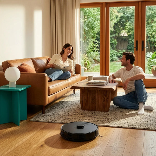 A woman relaxes on a brown leather sofa while a man sits by a wooden coffee table as the Kleva Range KRAPOF® Self Empty Robo VacIQ Robot Vacuum and Mop with smart laser navigation cleans the floor. Sunlight streams through large windows, showing a green backyard.