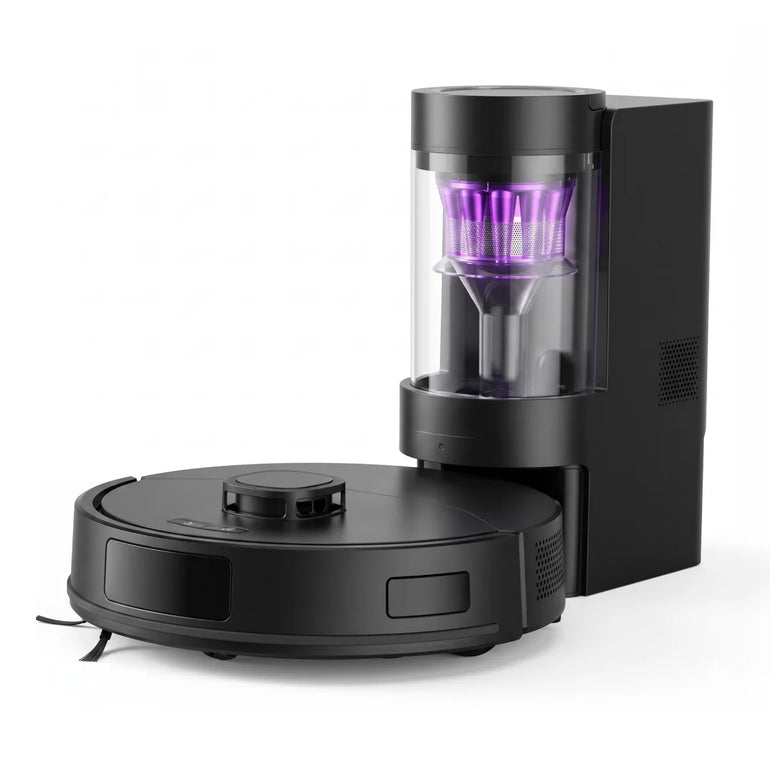 The KLEVA CLEAN Robo VacIQ, a round black robot vacuum, parked on its self-empty dock with the clear dust bin.