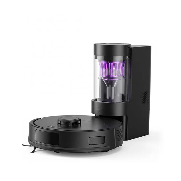 The KLEVA® Self Empty Robo VacIQ Robot Vacuum and Mop by Kleva Range, featuring a sleek black circular design, is shown docked at its charging and dust disposal station. The station includes a transparent chamber with a visible purple cyclone filter inside, all set against a plain white background.