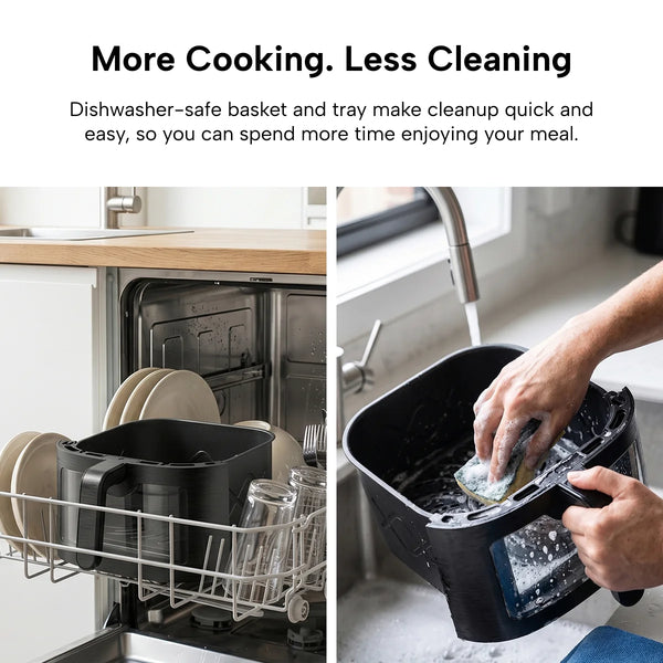 Split image: left shows the Kleva Range KLEVA® SteamCrisp IQ 8L air fryer basket and tray in a dishwasher; right shows hand-washing the Smart Food Detection basket under running water at a kitchen sink.