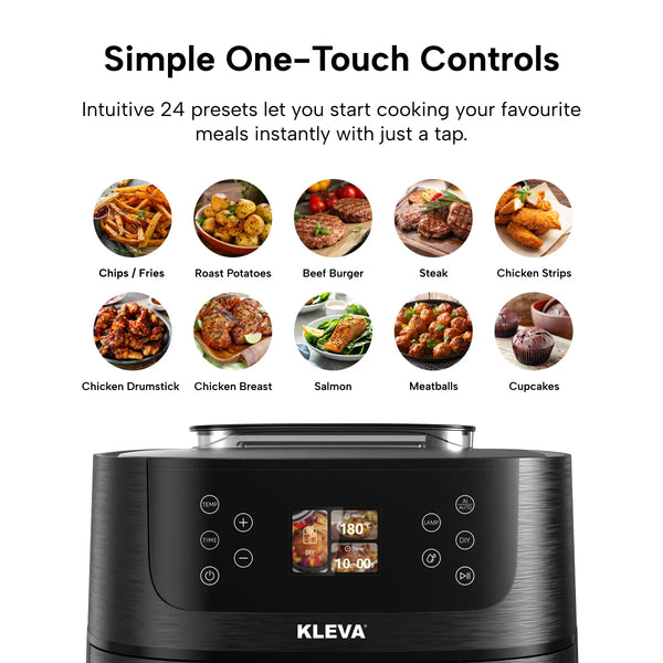 The image shows the control panel of the KLEVA® SteamCrisp IQ Steam Air Fryer with Smart Food Detection 8L by Kleva Range, featuring labeled presets for chips, roast potatoes, burger, steak, chicken strips, drumstick, breast, salmon, meatballs and cupcakes.