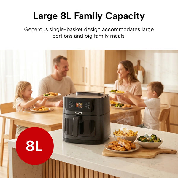 A black KLEVA® SteamCrisp IQ Steam Air Fryer with Smart Food Detection (8L) by Kleva Range sits on a kitchen counter near plates of food, while a family of four enjoys a meal. Text highlights its large family capacity.