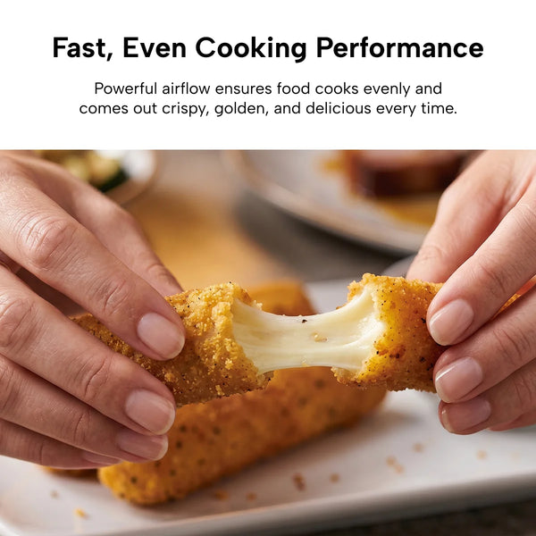 Close-up of hands pulling apart a cooked mozzarella stick, revealing melted cheese. Text highlights fast, even cooking and crispy results with the KLEVA® SteamCrisp IQ Steam Air Fryer 8L from Kleva Range, featuring Smart Food Detection technology.