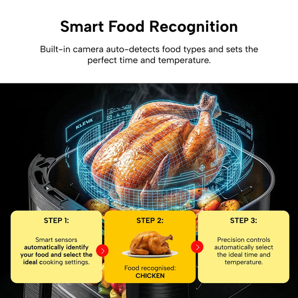 A roasted chicken sits in the KLEVA® SteamCrisp IQ Steam Air Fryer by Kleva Range, with a digital overlay showing smart food detection: identify food, recognize chicken, then auto-set ideal time and temperature.