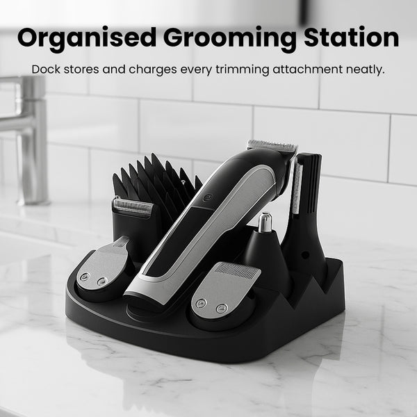 beard trimmer set with organised body trimmer attachments