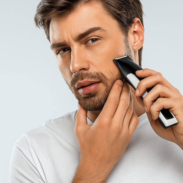 A bearded man in a white t-shirt uses the KLEVA® TrimMaster 16-in-1 Multifunctional Premium Body and Beard Hair Trimmer by Kleva Range, holding it to his cheek against a light gray background while looking at the camera.