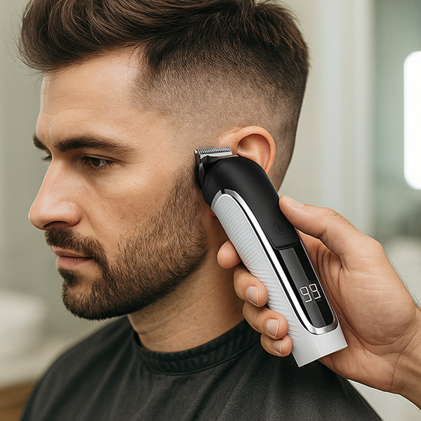A person uses the KLEVA® TrimMaster 16-in-1 Multifunctional Premium Body and Beard Hair Trimmer by Kleva Range to trim the side of a bearded man's hair. The man, in a black cape, sits in a well-lit room with a blurred background.