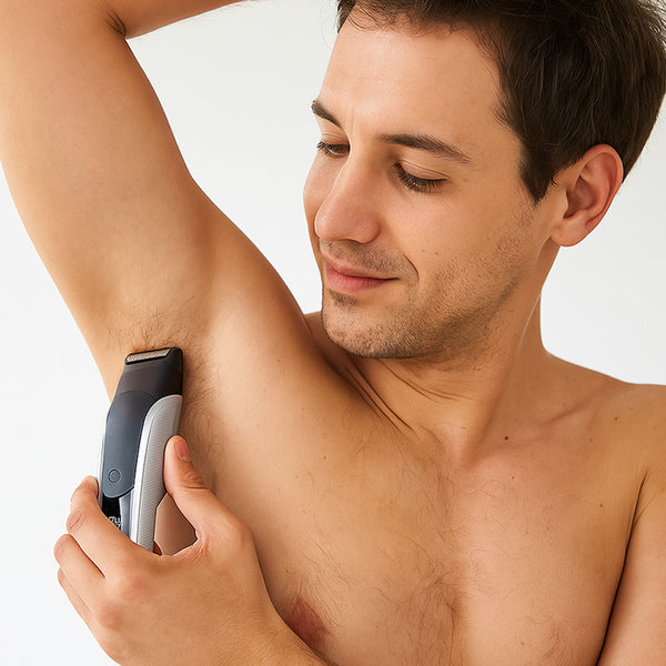 A shirtless man uses the KLEVA® TrimMaster 16-in-1 Multifunctional Premium Body and Beard Hair Trimmer by Kleva Range to shave his armpit hair, smiling slightly as he looks down with one arm raised and the trimmer held to his underarm.