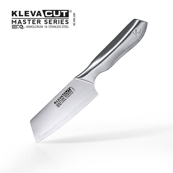 The KlevaCut® Master Series Professional Vegetable Knife – 14cm by Kleva Range, crafted from Japanese stainless steel with a metallic blade and handle, is displayed against a white background featuring visible branding on the blade.