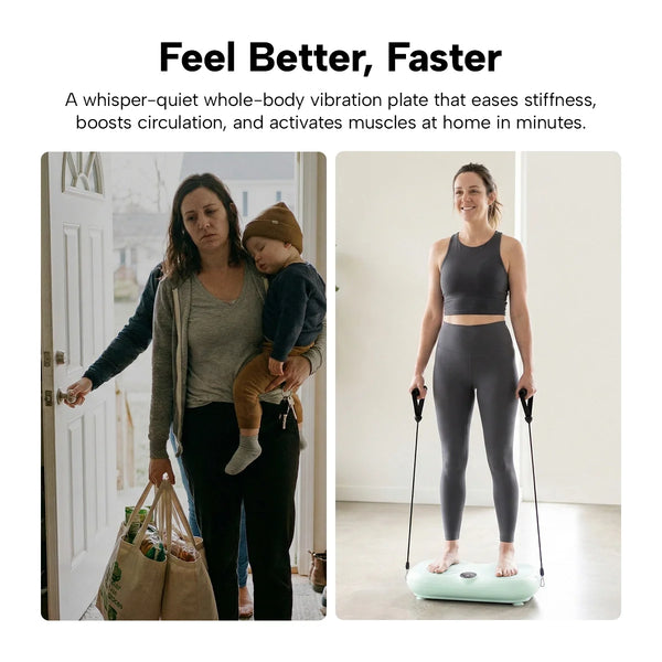 woman using vibration plate at home for muscle recovery and relaxation after a long day