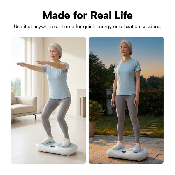older woman using vibration plate at home and outdoors for daily fitness and balance training