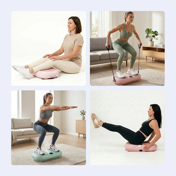 Vibration plate exercise machine workout with women doing squats, seated core training and resistance band fitness at home