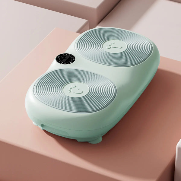 mint green vibration plate with textured foot pads and digital control display for full body vibration training