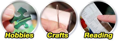 Three circular images labeled Hobbies, Crafts, and Reading. The first shows a hand holding a puzzle piece, the second a hand holding a sewing needle, and the third a hand holding and pointing at a book or paper.