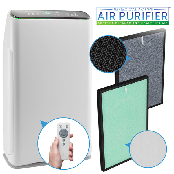 The Kleva Range Remedical® Active Air Purifier is shown in white with a digital display, its 7-stage filtration system, and a remote; "Remedical® Active Air Purifier Removes Odours, Dust, and More" appears in the corner.