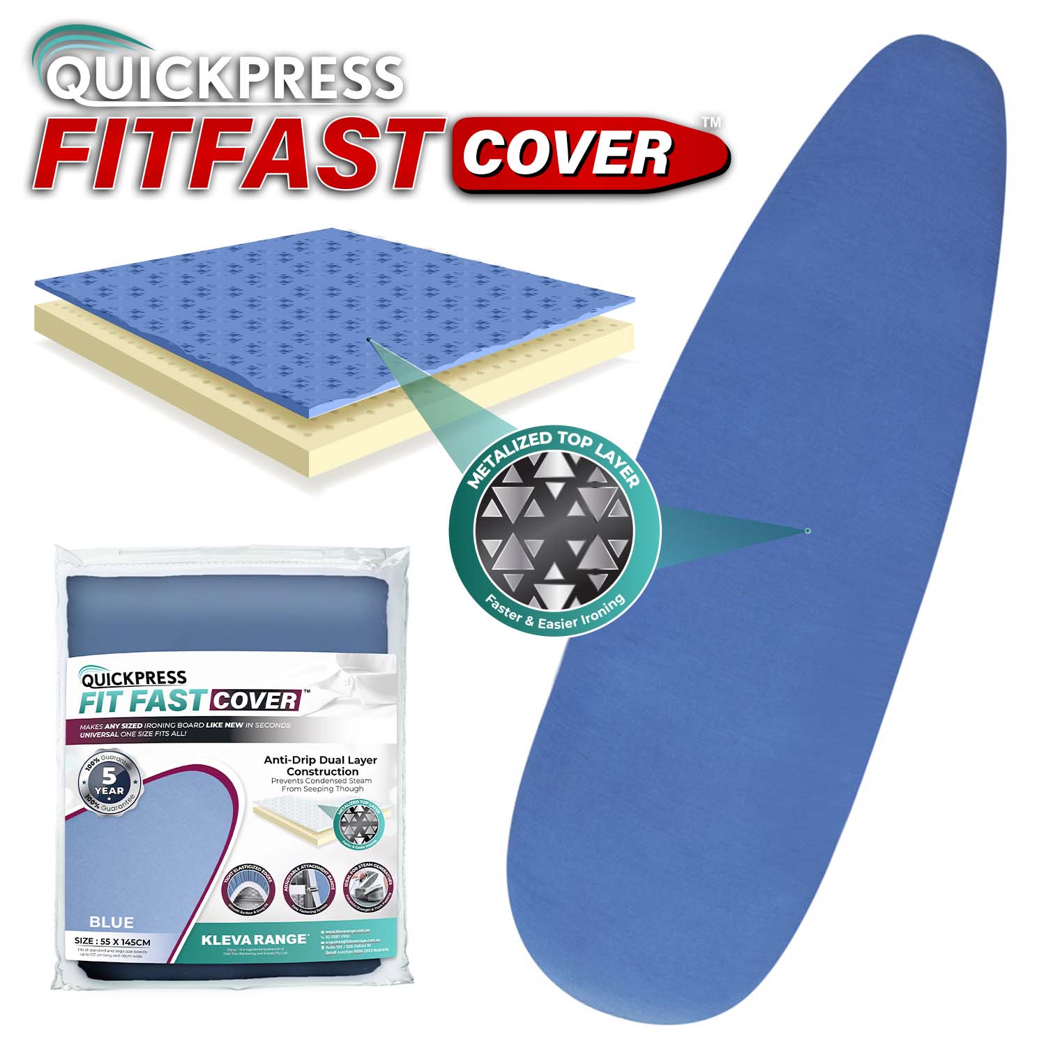 QuickPress FitFast™️ Cover The Best Ironing Board Cover Ever, Fits Almost Any Board Iron Accessories Kleva Range - Everyday Innovations   