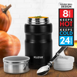 Black MealiGo™ Thermal Travel Flask With Double Walled Insulation + Foldable Travel Spoon Kitchen Gadget Kleva Range - Everyday Innovations   