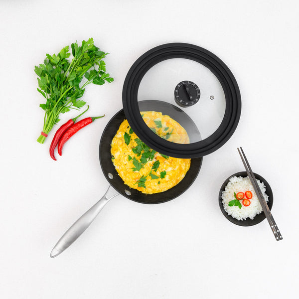 Universal Glass Lid With Detachable Timer Knob + Soft Touch Silicone Rims Cookware Kleva Range - Everyday Innovations   