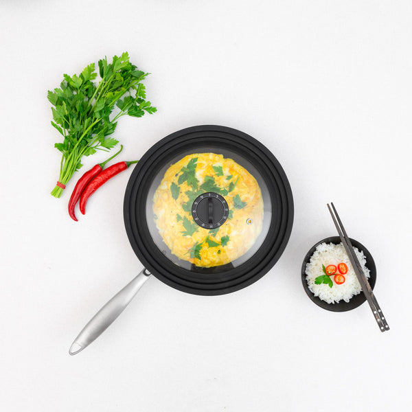 Universal Glass Lid With Detachable Timer Knob + Soft Touch Silicone Rims Cookware Kleva Range - Everyday Innovations   