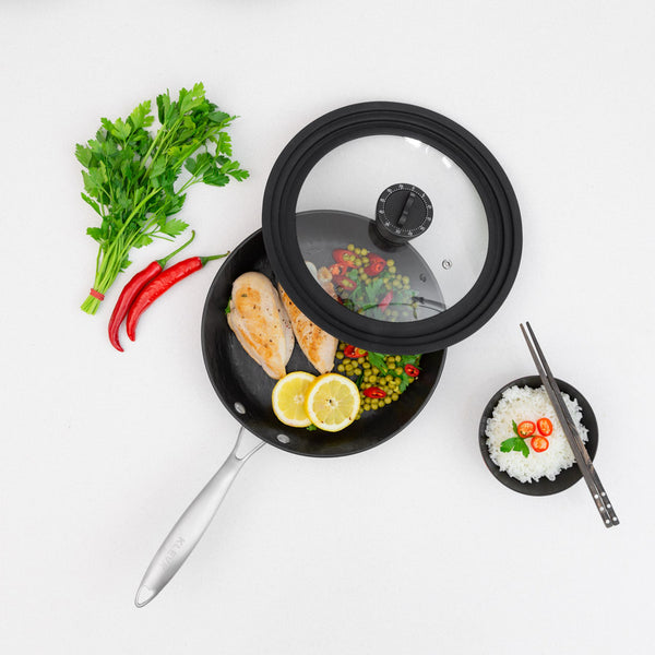 Universal Glass Lid With Detachable Timer Knob + Soft Touch Silicone Rims Cookware Kleva Range - Everyday Innovations   